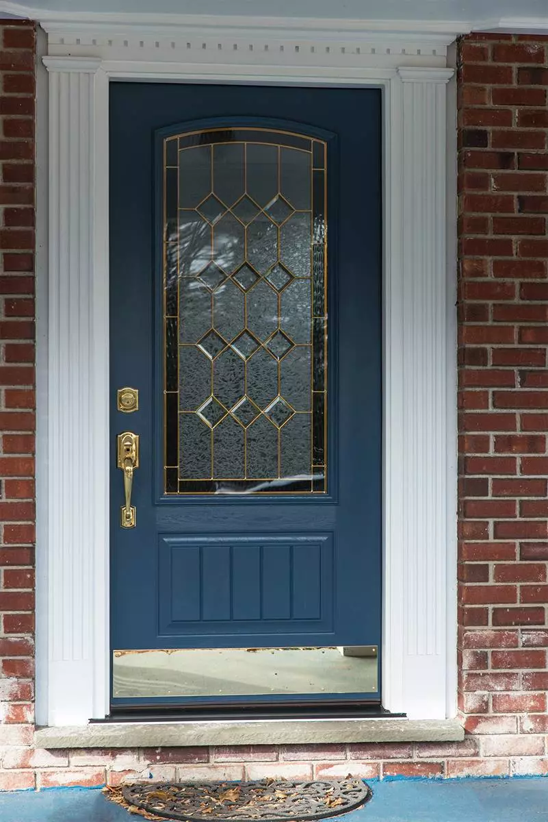 ProVia Signet Cherry Fiberglass Front Entry Door Enzian Blue Color Decorative Glass - CT SEVEN SUN