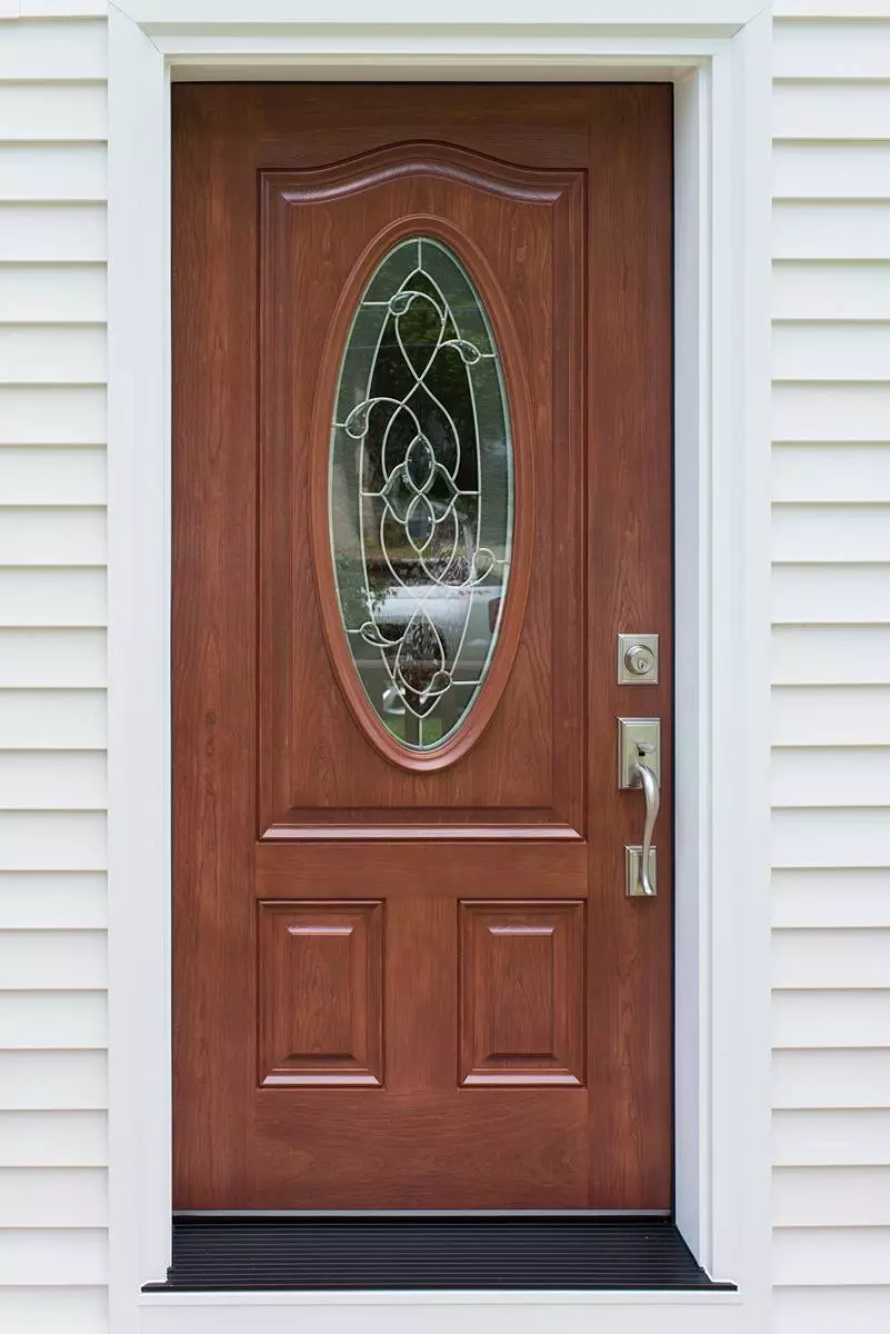 ProVia Signet Cherry Fiberglass Front Entry Door Toffee Color Decorative Glass - CT - SEVEN SUN