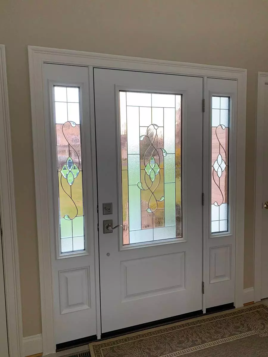 ProVia Signet Cherry Fiberglass Front Entry Door With Decorative Glass And Sidelites SnowMist - SEVEN SUN CT