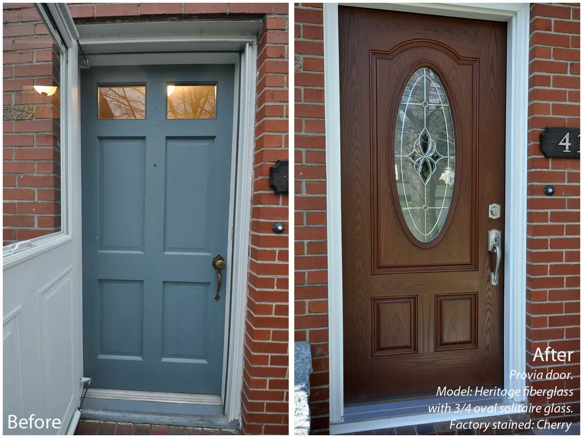 Old Front Entry Door Replaced With ProVia Heritage Fiberglass In Cherry Stain - SEVEN SUN CT
