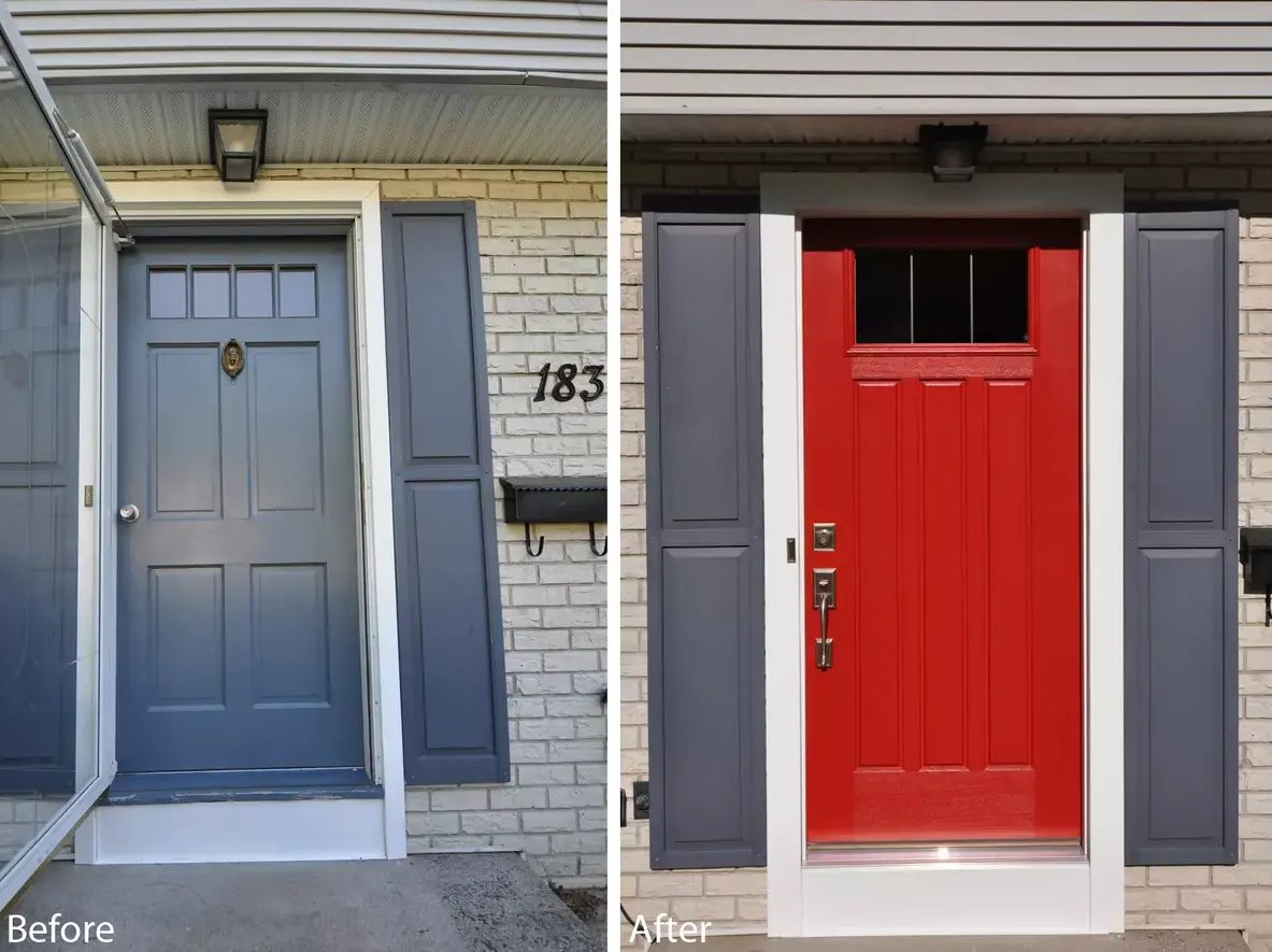 Old Front Entry Door Replaced With ProVia Heritage Smooth Fiberglass Door In Vallis Red Color - SEVEN SUN CT