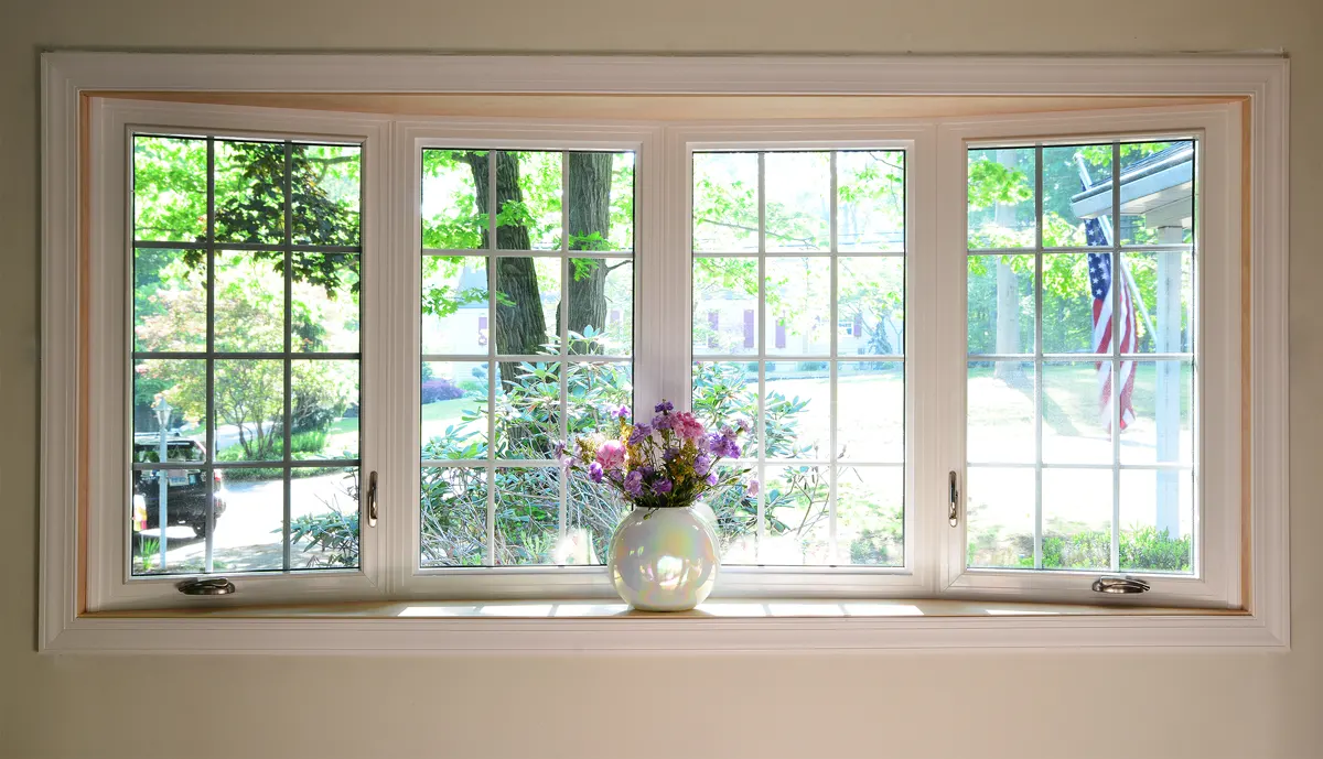 OKNA Bay Dining Room Window With Colonial Grids And Brushed Nickel Hardware - SEVEN SUN Connecticut