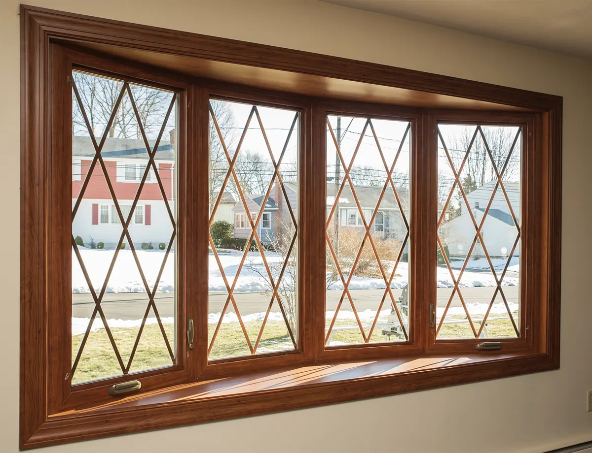OKNA Bow Living Room Window With Diamond Grids In Cognac Color - SEVEN SUN CT