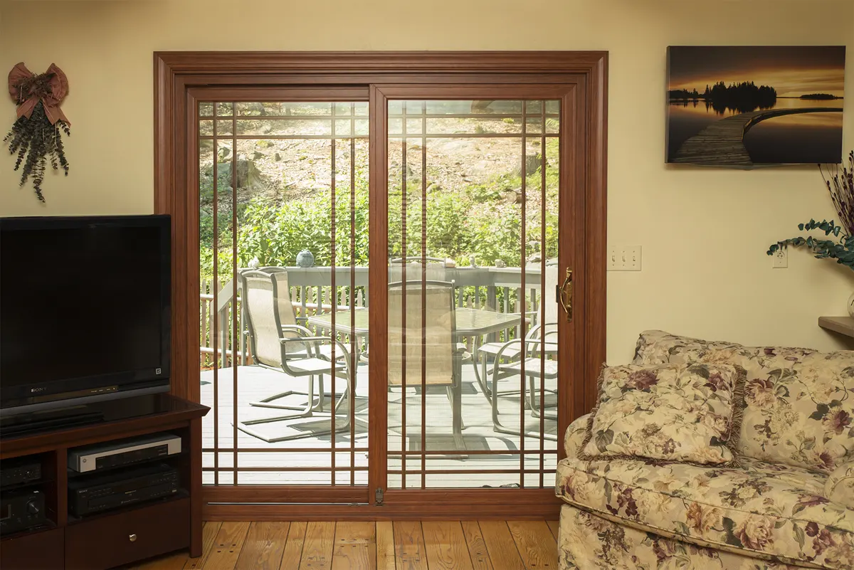 OKNA Elegante Sliding Door in Cognac Laminate Interior With Double Prairie Grids - SEVEN SUN CT