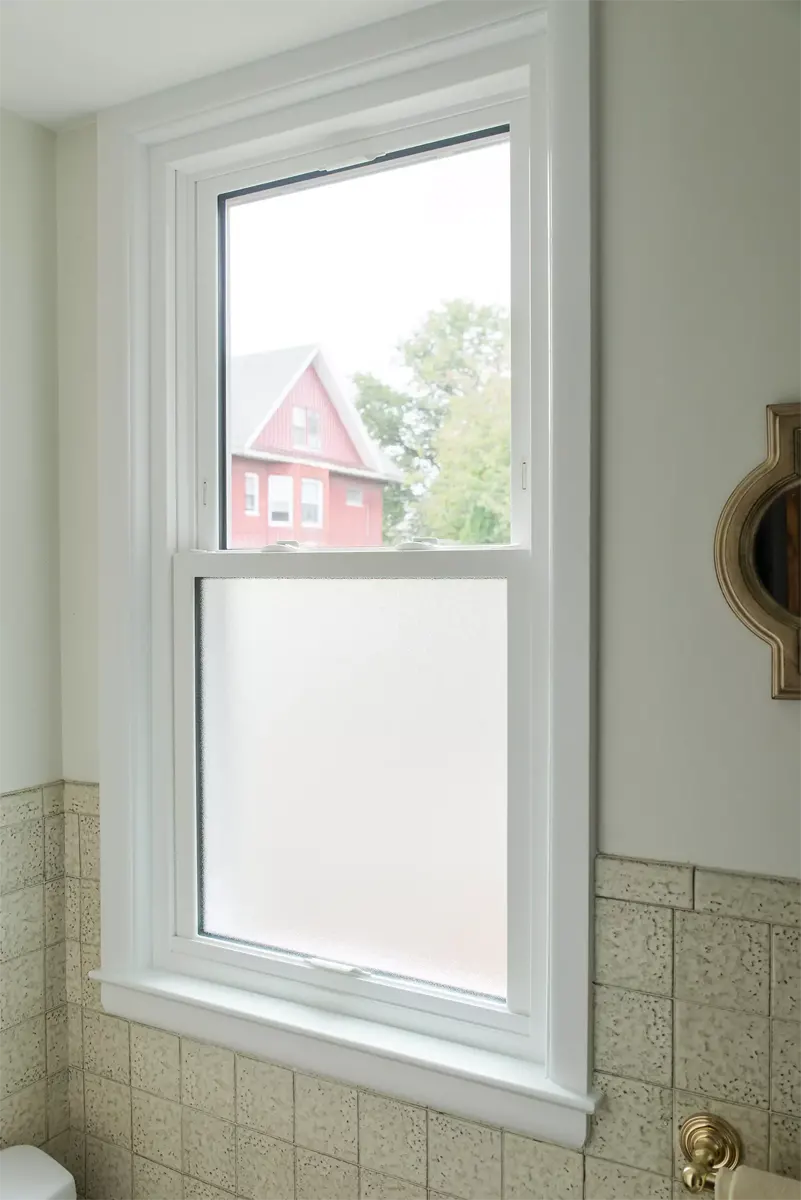 OKNA Enviro Star double-hung bathroom window with privacy glass Seven Sun CT