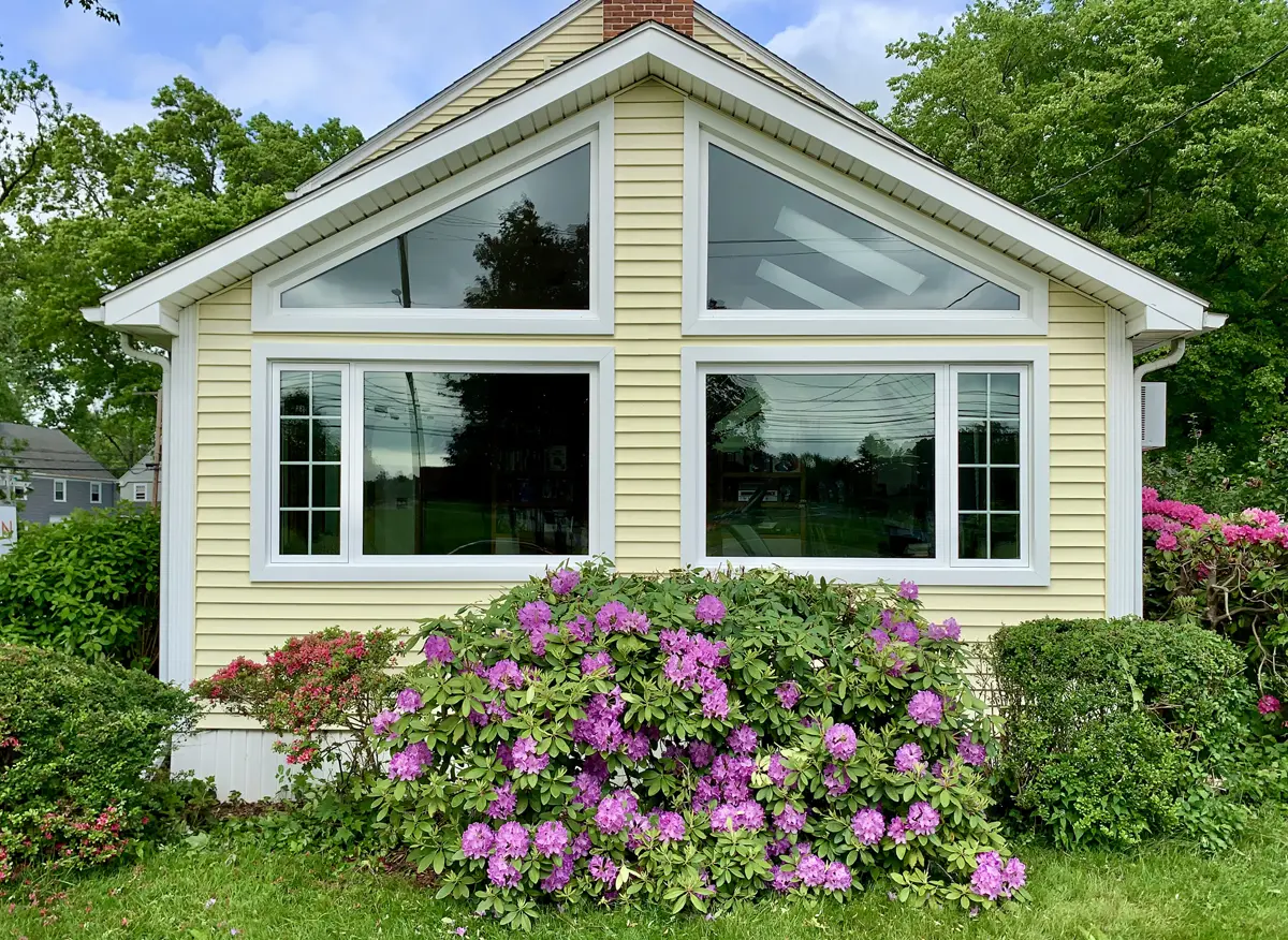 OKNA casement trapezoid picture windows sunroom west hartford colonial home connecticut Seven Sun CT