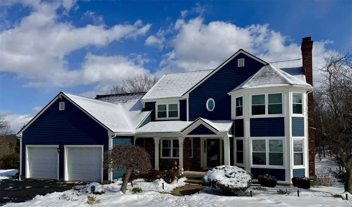 Okna envirostar 800 series replacement double Hung windows colonial home with blue siding berlin Seven Sun Connecticut