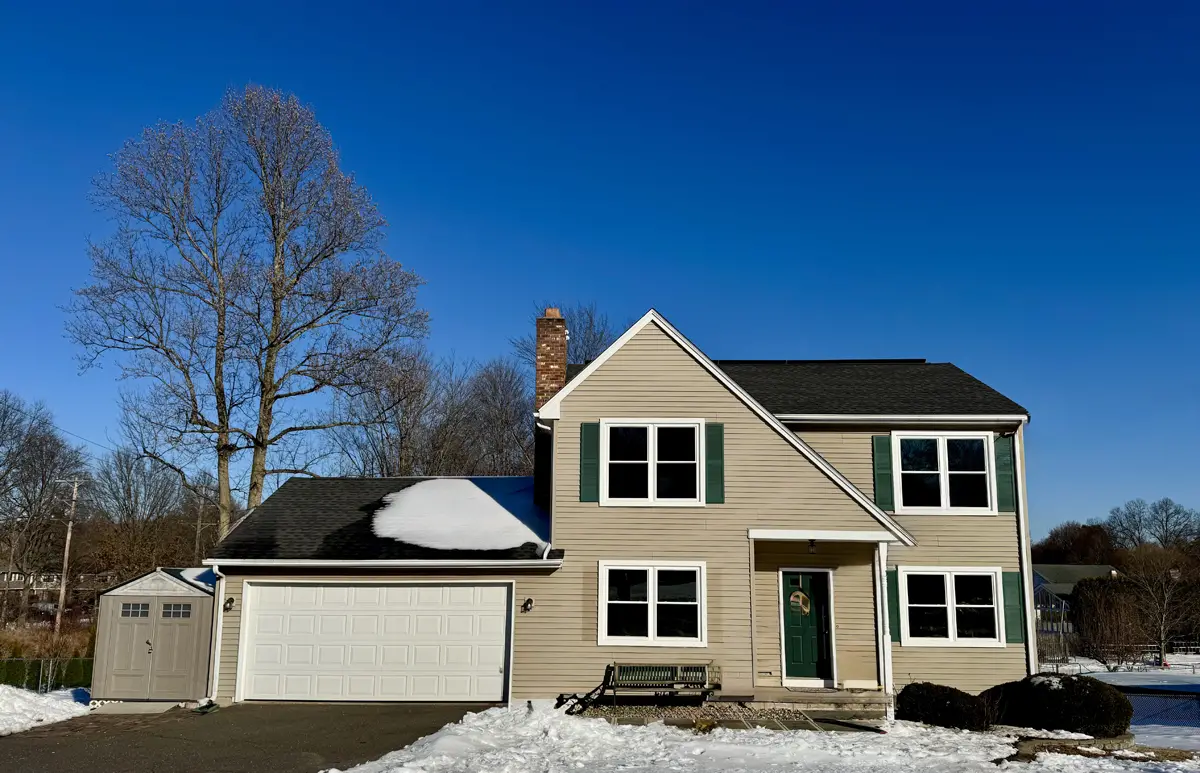Okna envirostar 800 series replacement windows white exterior no grids clay siding green shutters colonial home Seven Sun CT