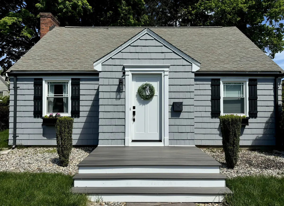 Provia signet smooth fiberglass shaker style front entry door in snowmist white color black addison hardware connecticut cape house Seven Sun CT