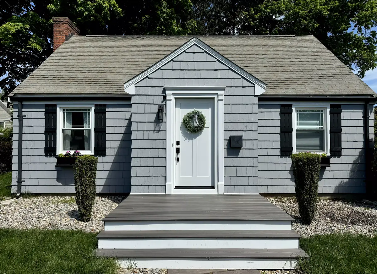 Provia signet smooth fiberglass shaker style front entry door in snowmist white color black addison hardware connecticut cape house Seven Sun Connecticut