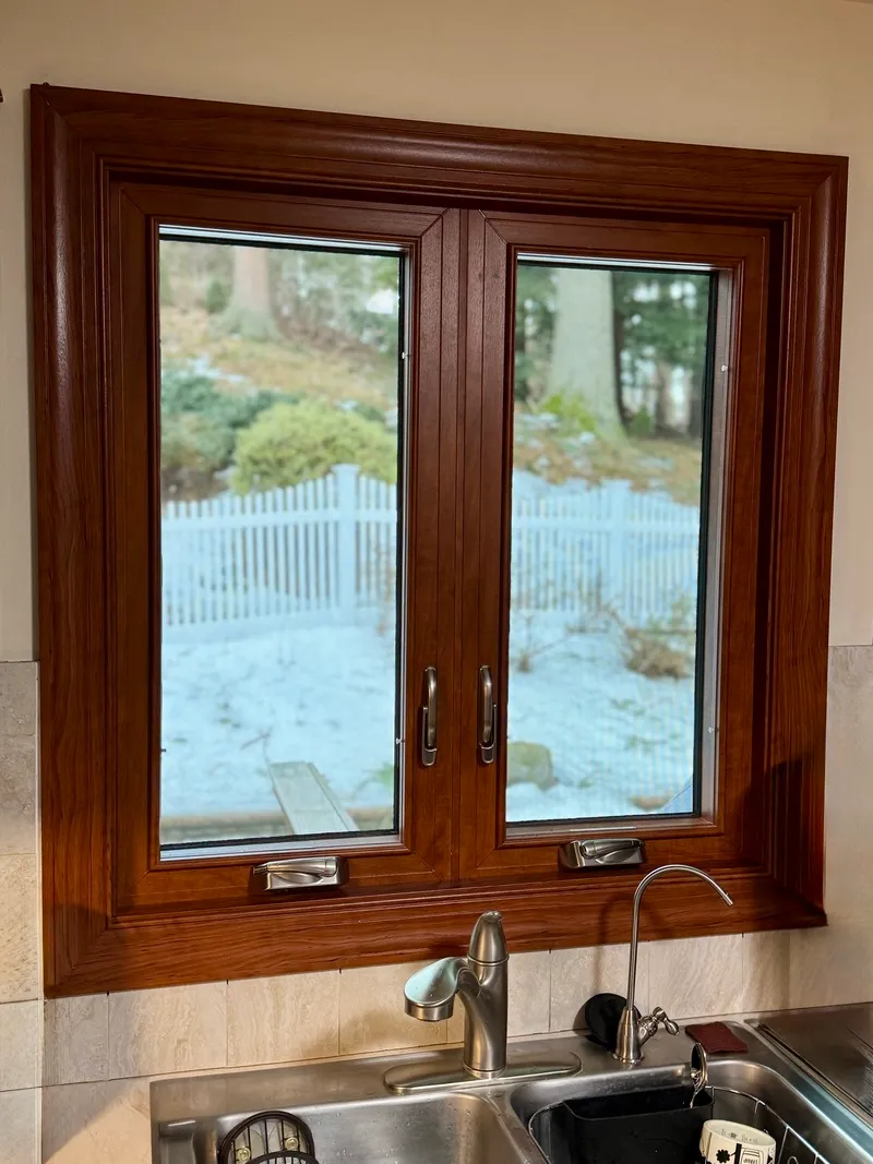 Kitchen window over sink - double casement window, melrose cherry brushed nickel hardware - Okna - Unionville-CT